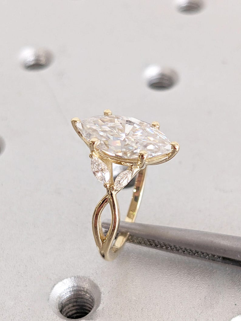 Vintage Diamond Wedding Band | Art Deco Leaf Yellow Gold Branch Matching Band | Twig Band Unique Marquise Lab Diamond Anniversary Women Gift