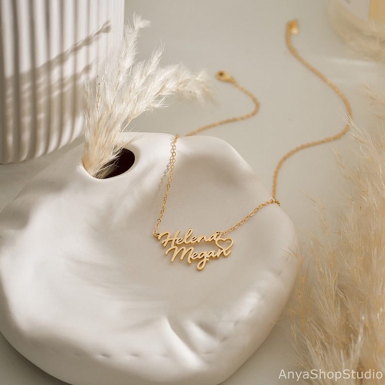 Personalized Double Names Necklace with Heart, Custom Gold Name Necklace, Couple Necklace, Mothers Necklace, Mother's Day Gift for Mom