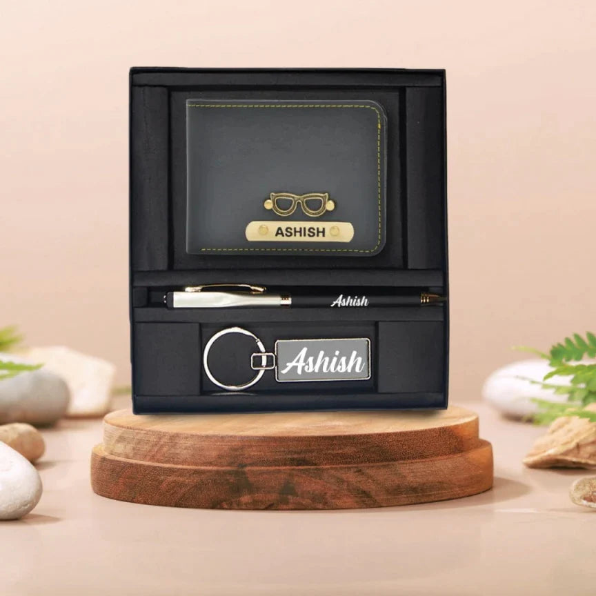 Personalised Leather Wallet + Pen & keychain Combo - Brown